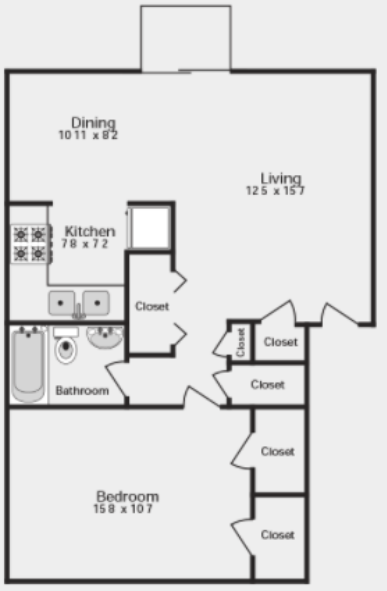 Floor plan for 1 bed, 1 bath, 787 sqft